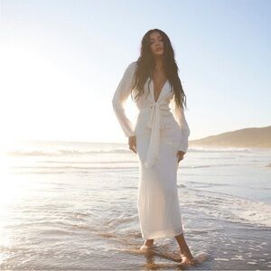 Kadimah Moriah Maxi Dress Cream Long Sleeve Tassel Tie Front Large Boho Crepe